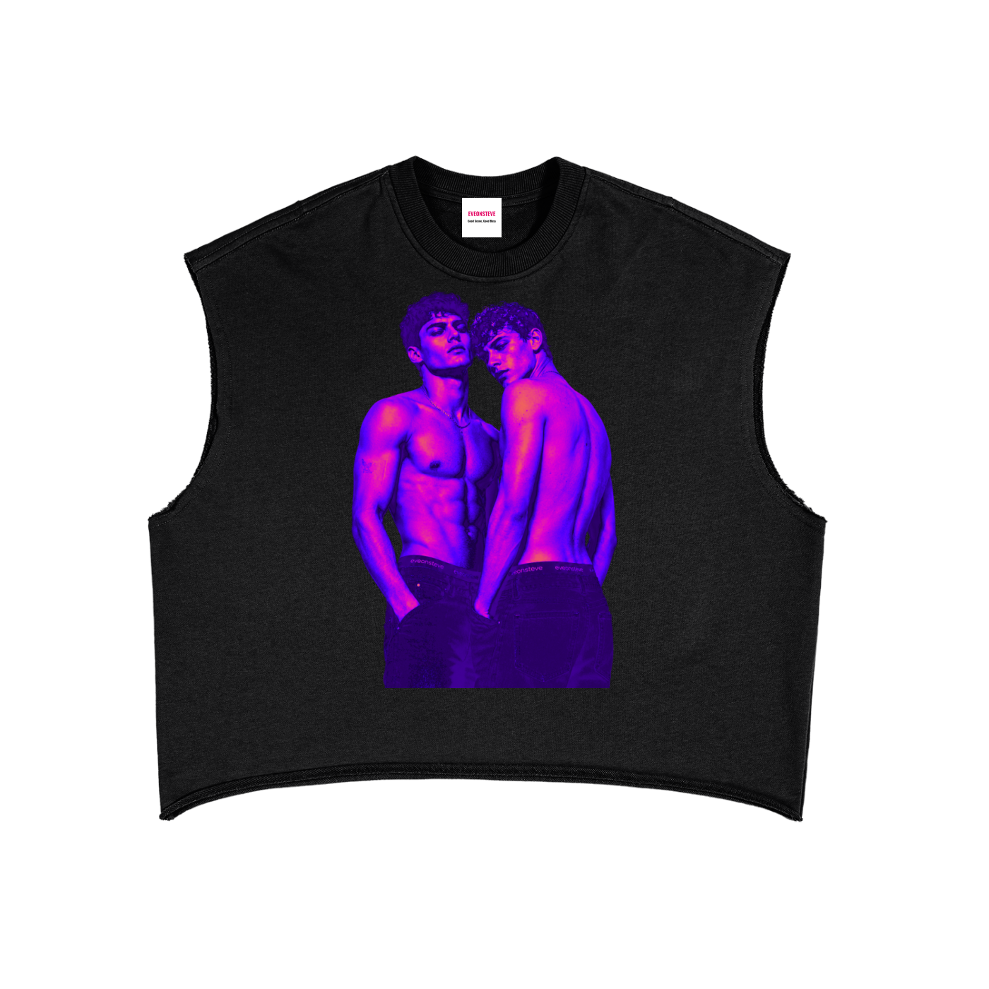 Black sleeveless shirt with a graphic of two shirtless men in purple on a white background