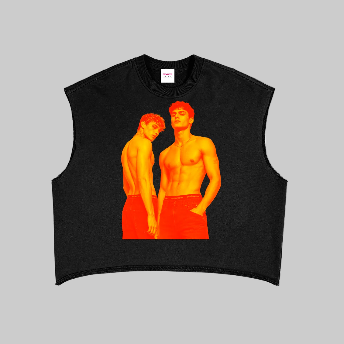 Black sleeveless shirt with orange graphic of two people on a white background