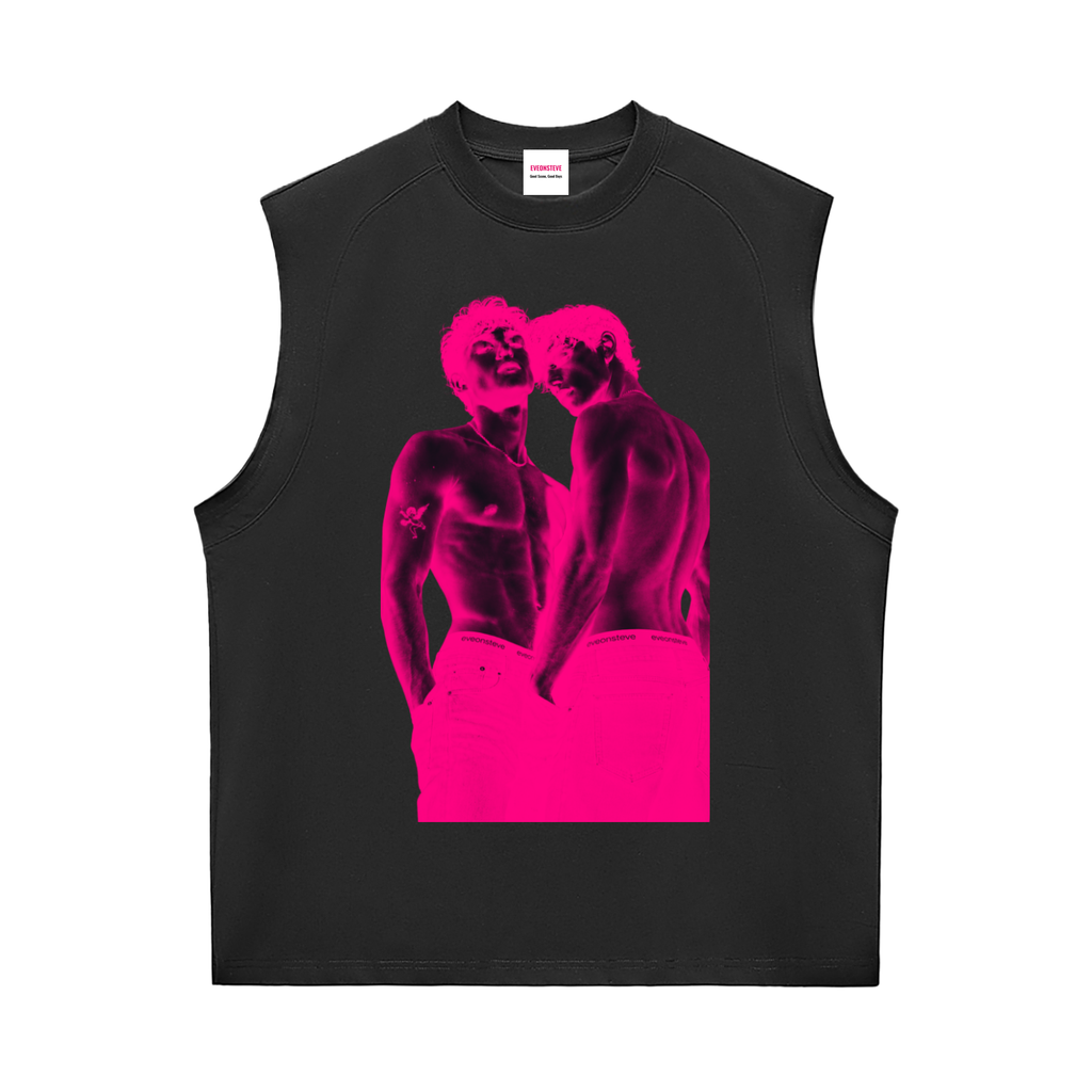 Black sleeveless shirt with pink graphic design of two people embracing on a white background