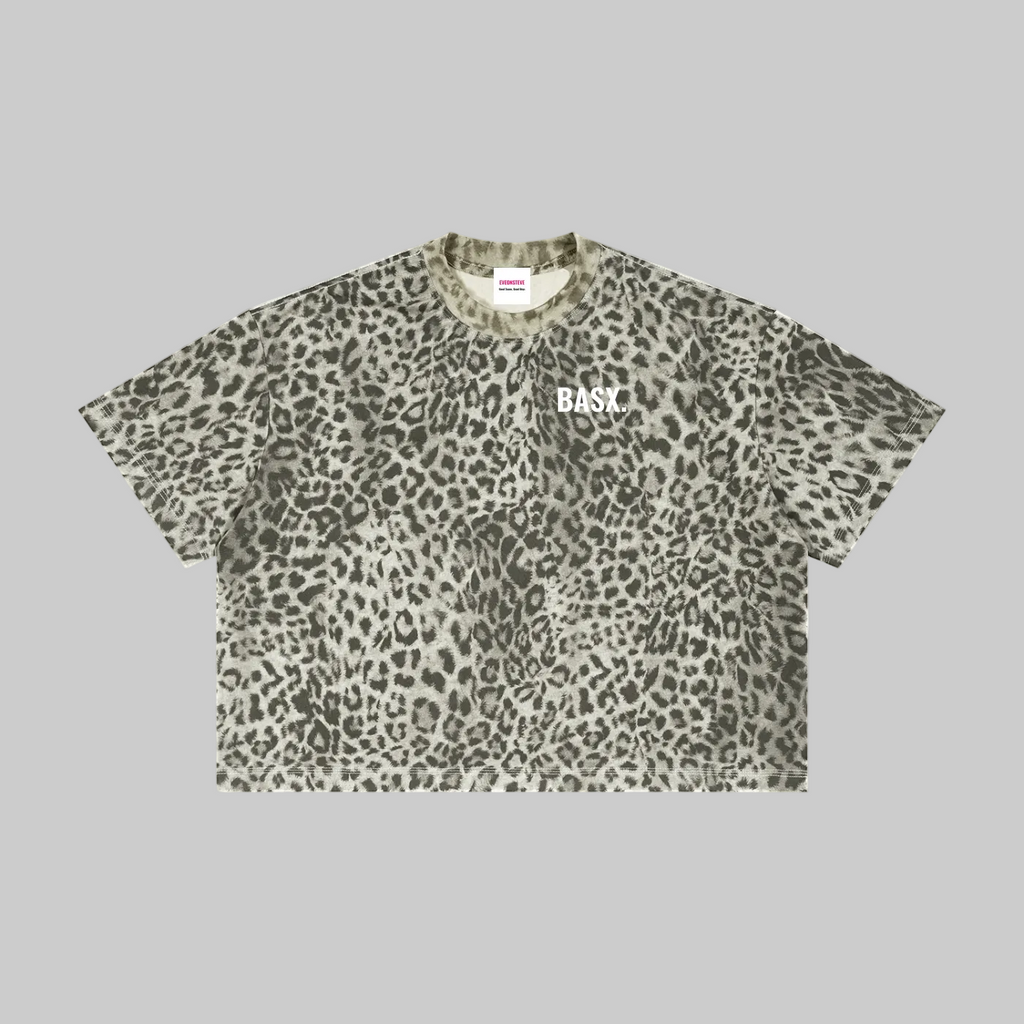 Leopard print t-shirt with text on a white background