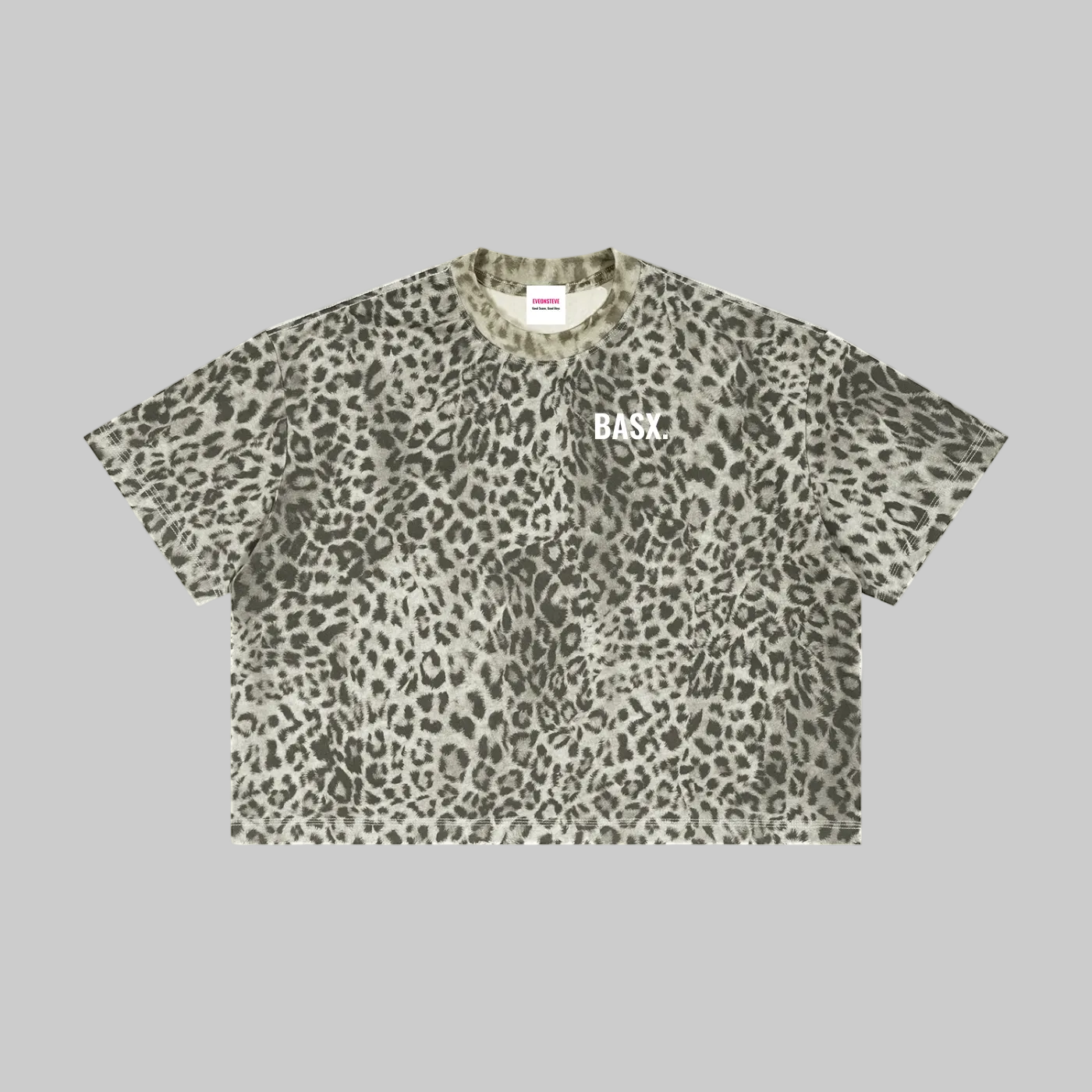 Leopard print t-shirt with text on a white background