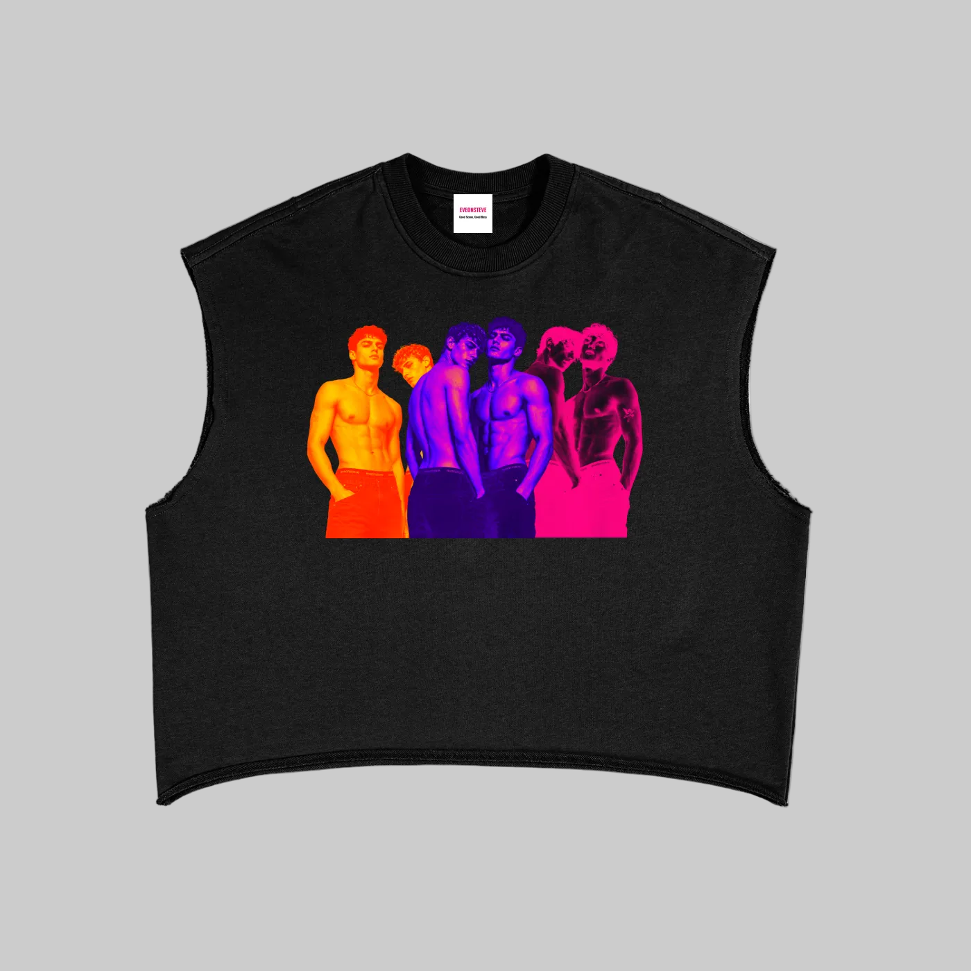 Black sleeveless shirt with colorful graphic design on a white background