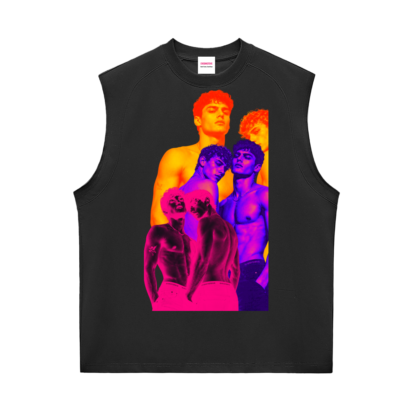 Black sleeveless shirt with colorful graphic design on a white background