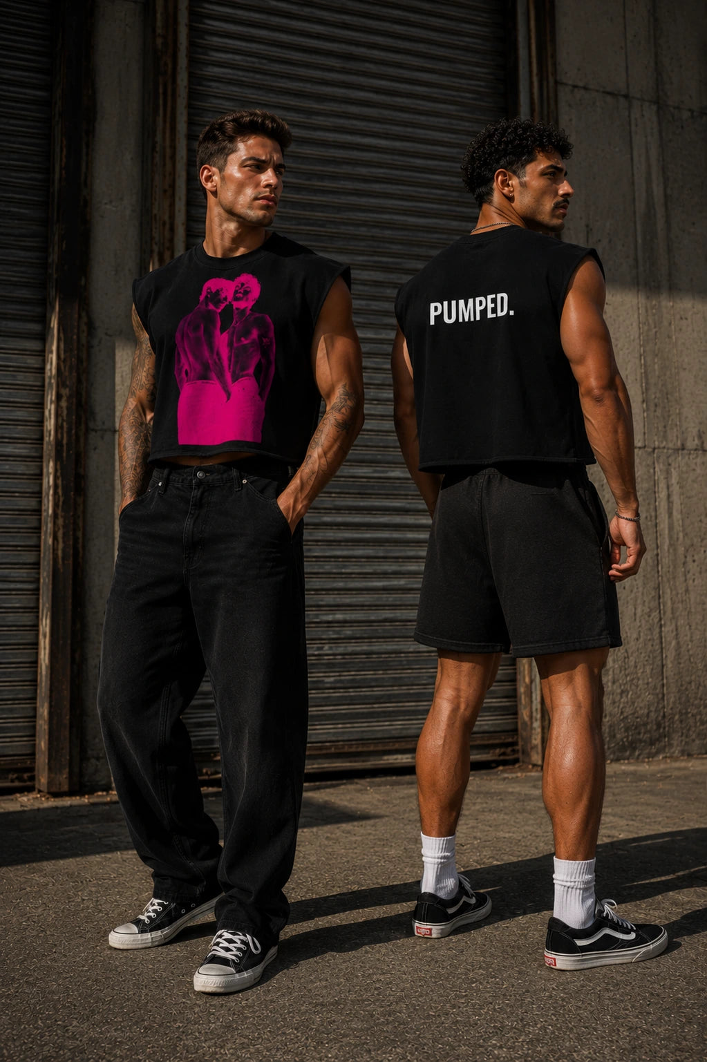 Two men wearing black sleeveless shirts with graphic designs and text, standing against a metallic shutter.