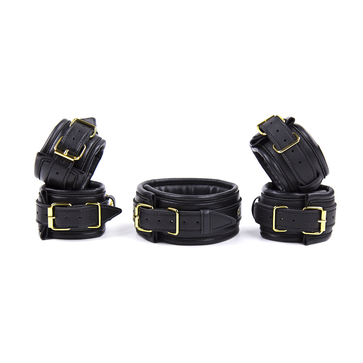 Premium PU Leather Adjustable Padded Collar, Handcuffs & Ankle Cuffs Set with Leash/Connectors(black)