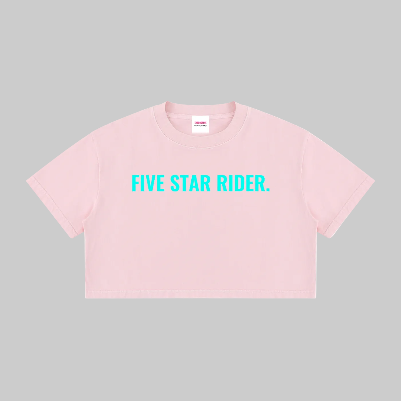 A light pink cropped short-sleeve t-shirt with 'FIVE STAR RIDER.' printed in bright cyan across the chest, displayed flat against a solid white background.