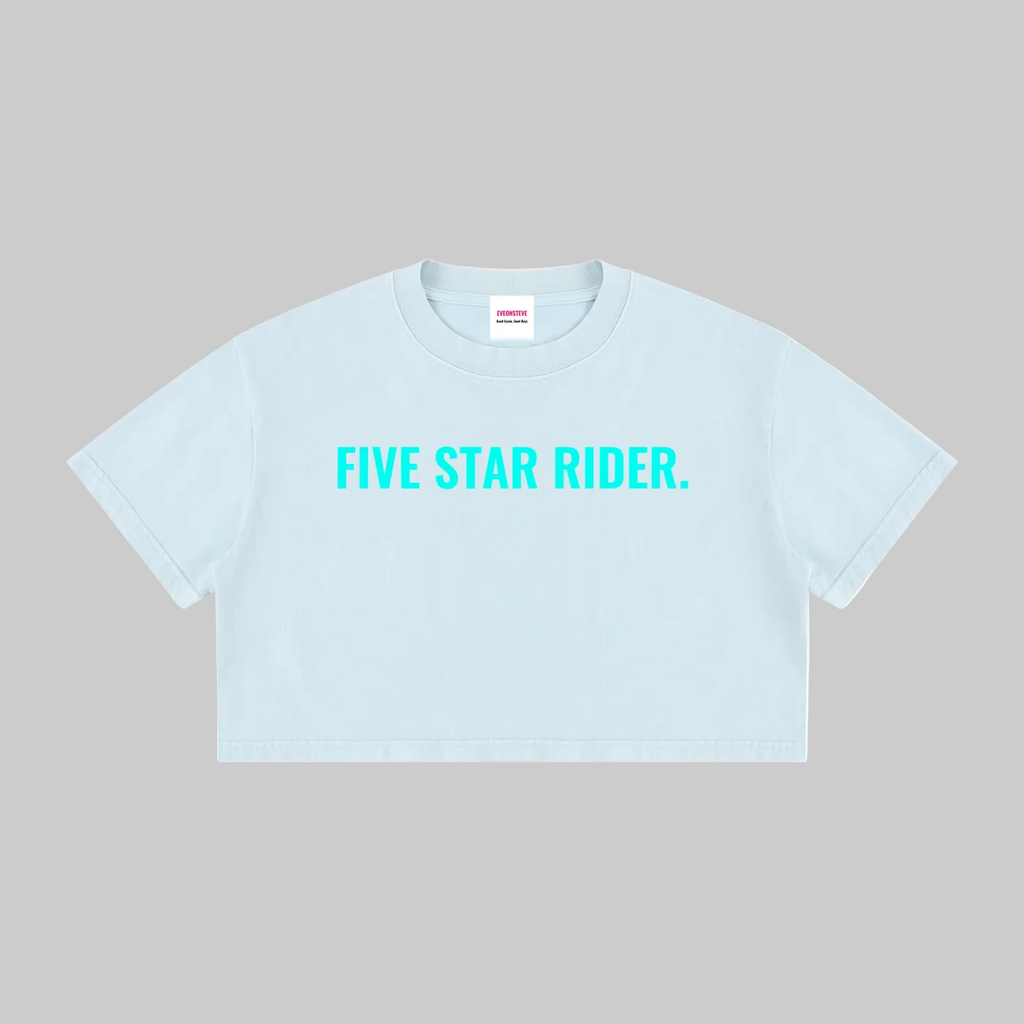 A light blue cropped short-sleeve t-shirt with 'FIVE STAR RIDER.' printed in bright cyan across the chest, displayed flat against a solid white background.