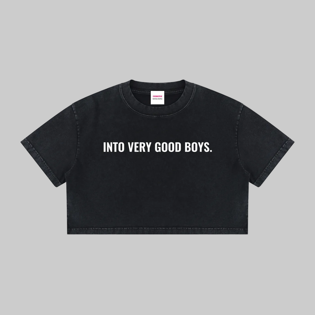 Black t-shirt with 'INTO VERY GOOD BOYS' text on a white background