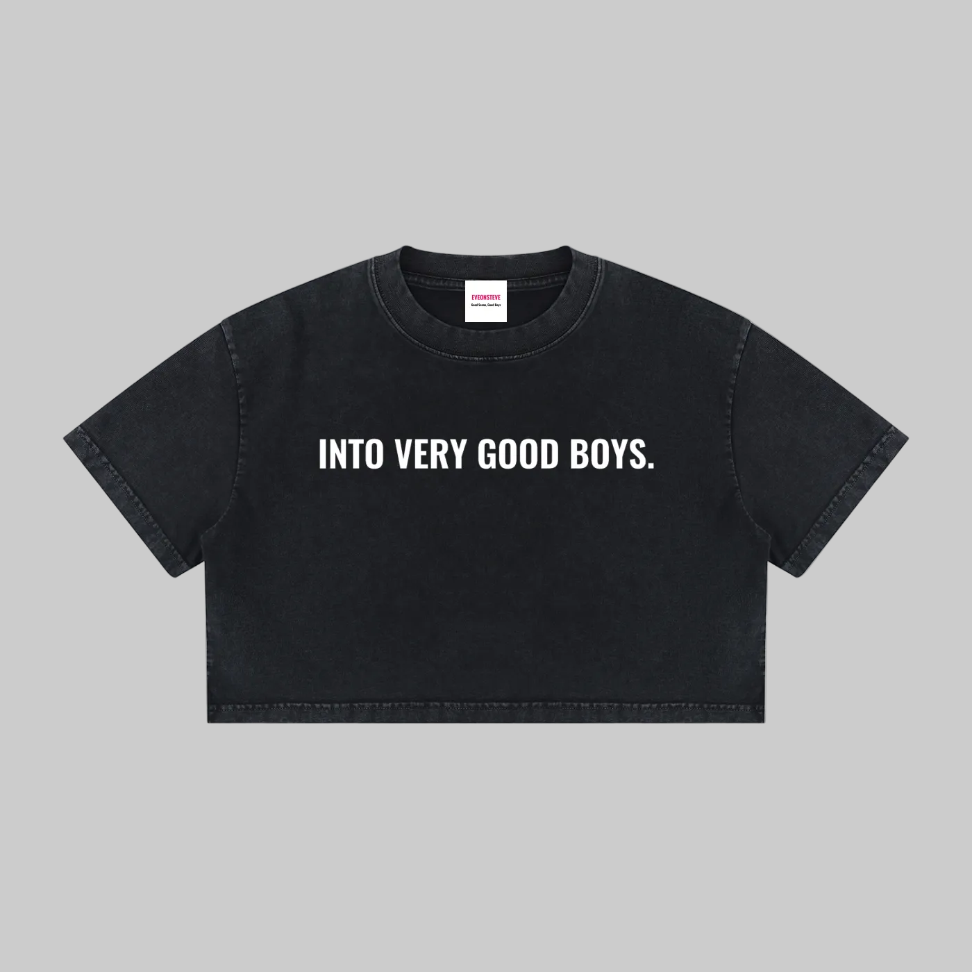 Black t-shirt with 'INTO VERY GOOD BOYS' text on a white background