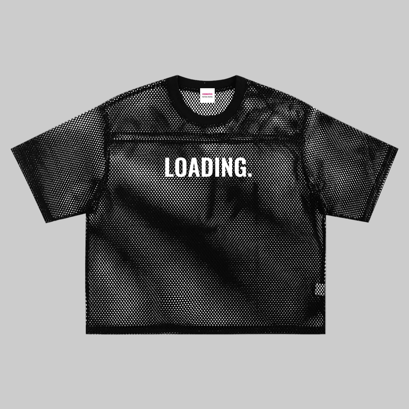 Black mesh t-shirt with 'NEW PUNK' text on a white background
