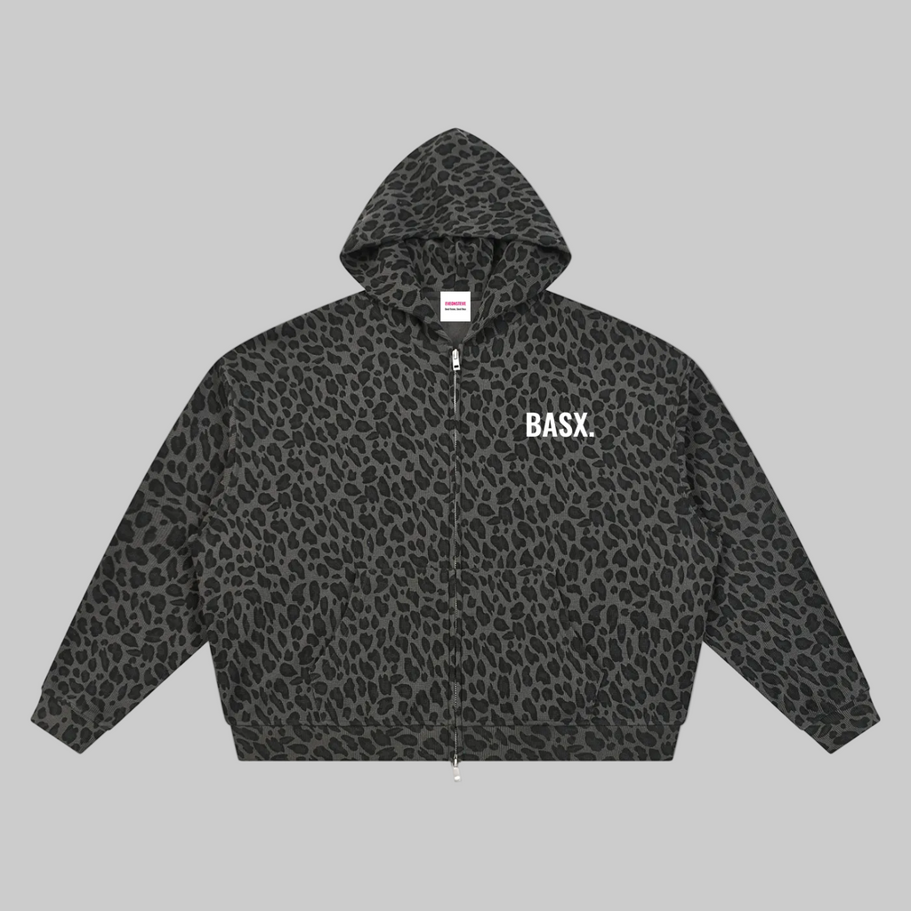 Leopard print hoodie with graphic design and text on a white background