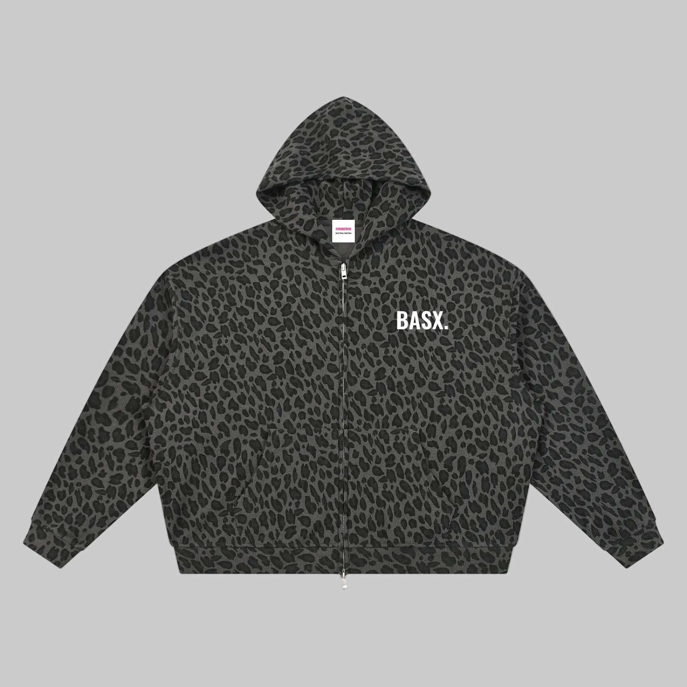 Leopard print hoodie with graphic design and text on a white background
