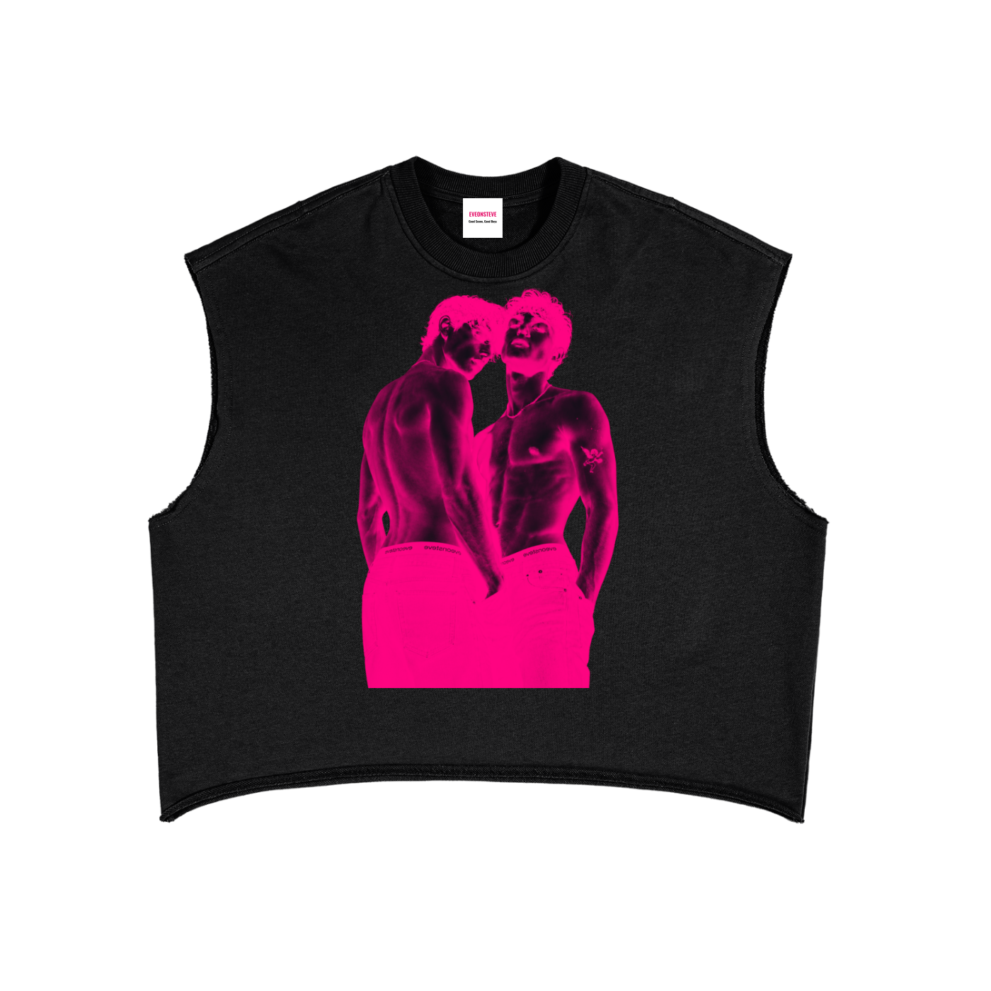 Black sleeveless shirt with pink graphic design on a white background