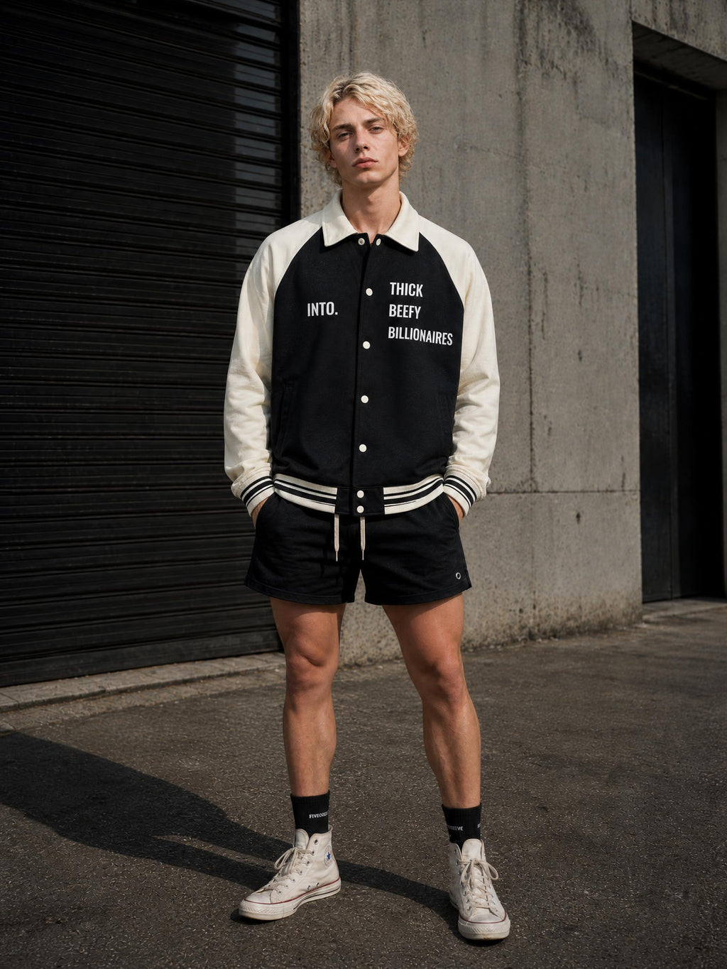 INTO. Thick Beefy Billionaires Contrast Sleeve Baseball Jacket