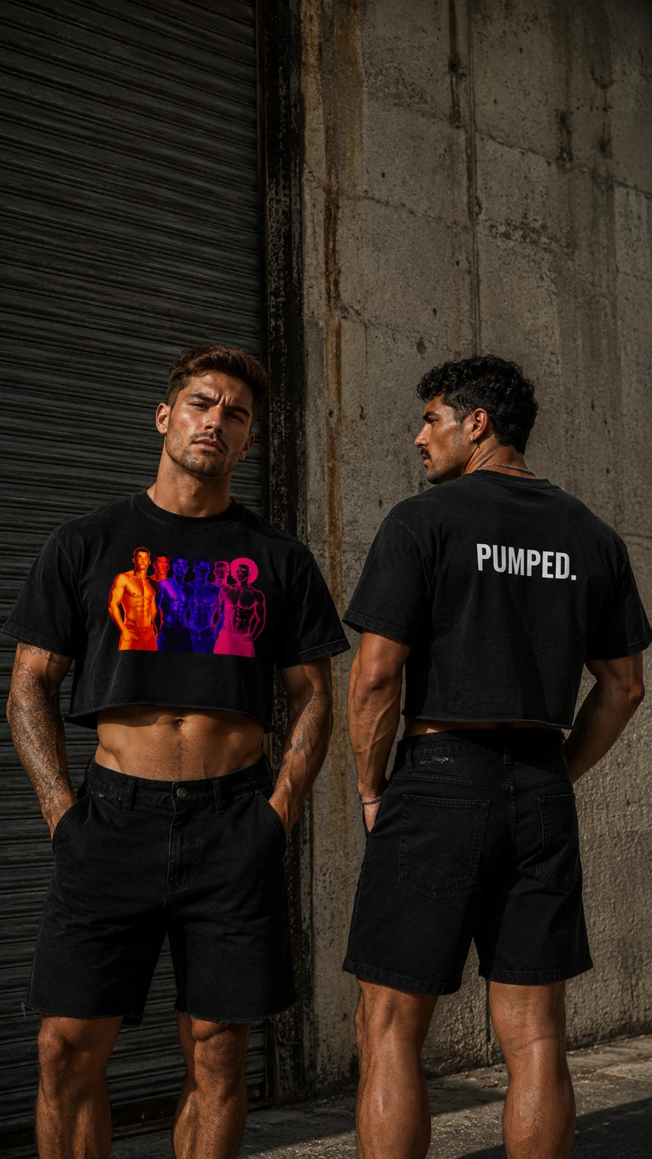 Two men wearing black t-shirts with colorful graphics and text, standing against a concrete wall.