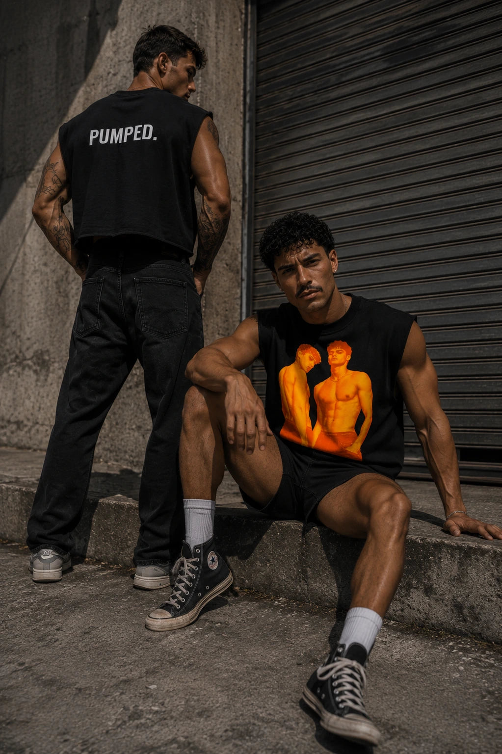 Two men in athletic wear with one wearing a 'PUMPED.' shirt, sitting on steps.