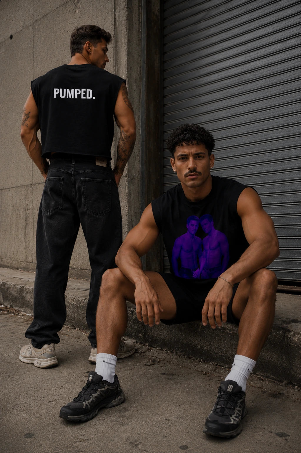 Two men wearing sleeveless shirts with visible branding against a concrete wall.