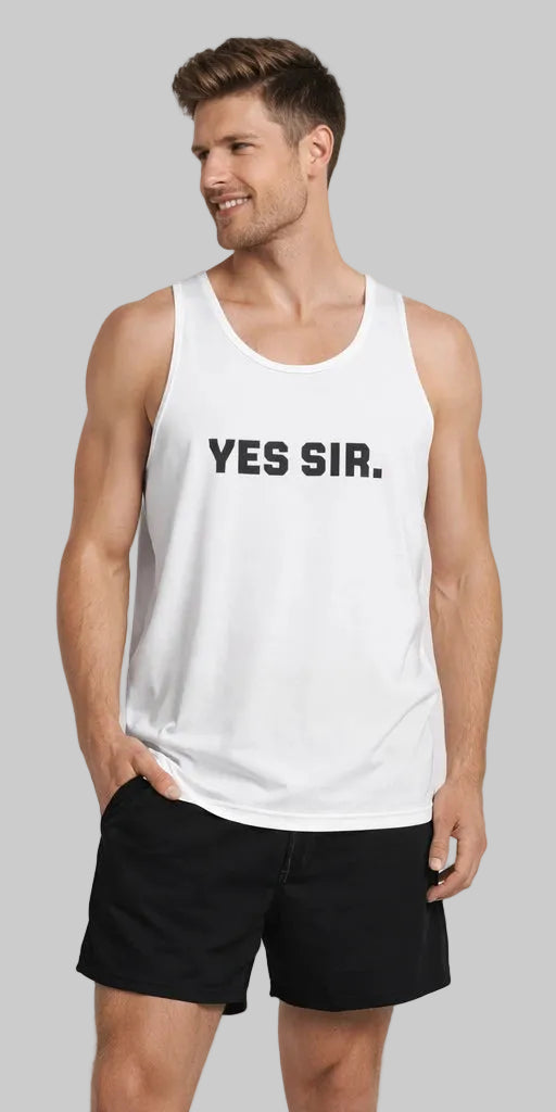 Man wearing a white tank top with 'YES SIR.' text on a plain background